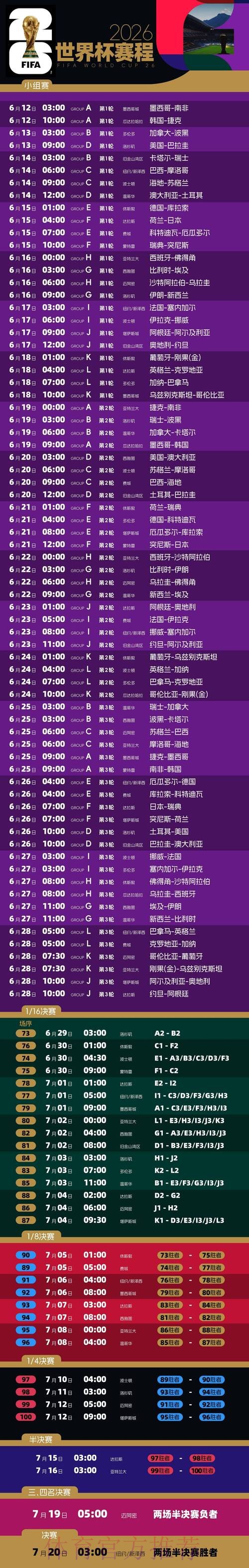 2026世界杯每日赛程最新比赛时间表实时查看
